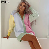 TYHRU Autumn Winter Lady Color Matching Striped Knitted Sweater Single-breasted Buttons Coat Long Sleeve Casual Cardigan Outwear