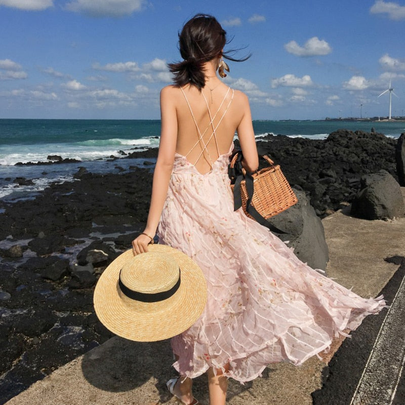 Billlnai  2023 Women Pink Sundress Summer Tropical Vacation Sleeveless Backless Long Party Fairy Dress Casual Beach Straps Dress Runway