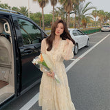 Billlnai  2023  V-neck Elegant Sweet Dress Women Long Sleeve Chiffon Floral Dress Party Beach Dress for Females Korean Style Summer Chic