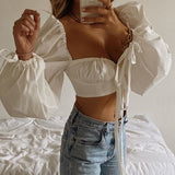 Cryptographic White Balloon Sleeve Elegant Women Top and Blouse Shirts Autumn 2023 Sexy Backless Crop Tops Solid Fashion Blusas