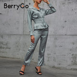BerryGo Autumn silk satin two piece sets women Fashion elastic waist shirt suits office lady Solid casual long pant set 2023 new