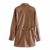 Billlnai Vintage Woman PU Sashes Shirt Jacket 2023 Fashion Ladies Autumn Brown TurnDown Collar Outerwear Female Casual Long Coats