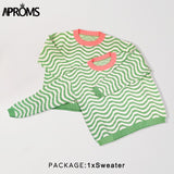 Aproms Elegant Green Waves Knitted Women's Sweaters Autumn Winter 2023 Casual O-neck Oversized Pullovers 90s Girls Warm Jumpers