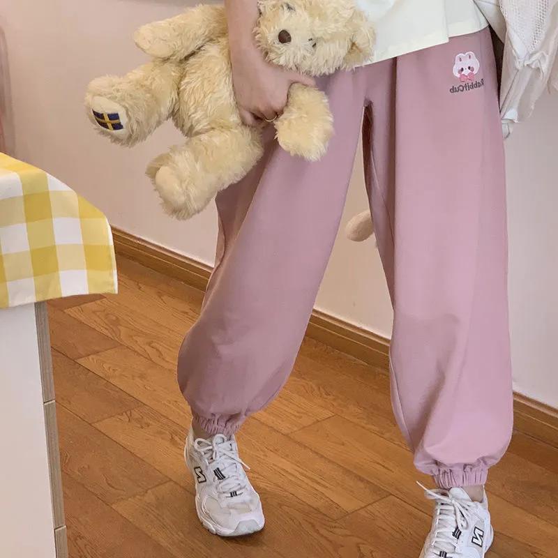 Kawaii Harajuku Joggers Pants Women Soft Girl Loose Beige Baggy Korean Fahion Pink Gray Trousers Women Bear Embroidery