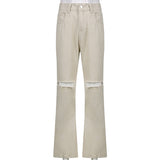 WeiYao Vintage Solid Flare Pants Holes Y2K Mom Jeans Woman High Waist Slim Streetwear Joggers Aesthetic Korean Denim Trousers
