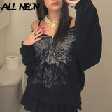 ALLNeon Y2K Grunge Punk Butterfly Print Oversize Zip Up Hoodies Mall Goth Streetwear Hooded Long Sleeve Black Jackets Autumn New