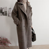 Korean Fashion Office Lady Autumn Winter Long Cashmere Coat Woman Plaid Woolen Coat Jacket Overcoat Suit Outwear 2023