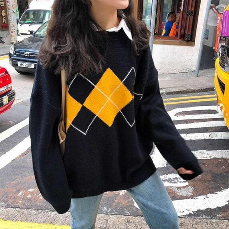 Women Knitted Sweater Fashion Oversized Pullovers Ladies Fall Winter Loose Jumpers Korean College Style Women Argyle Sweater
