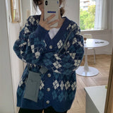 Women Cardigan Sweater Loose Geometric Knit Sweater for Women Preppy Style Oversized Cardigan Winter V-neck Students Kawaii Tops
