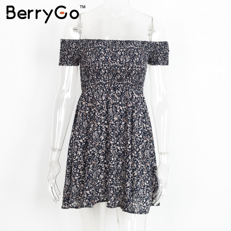 BerryGo Sexy off shoulder print summer dress Vintage high waist beach dress 2018 Elegant fit and flare short girls dresses women