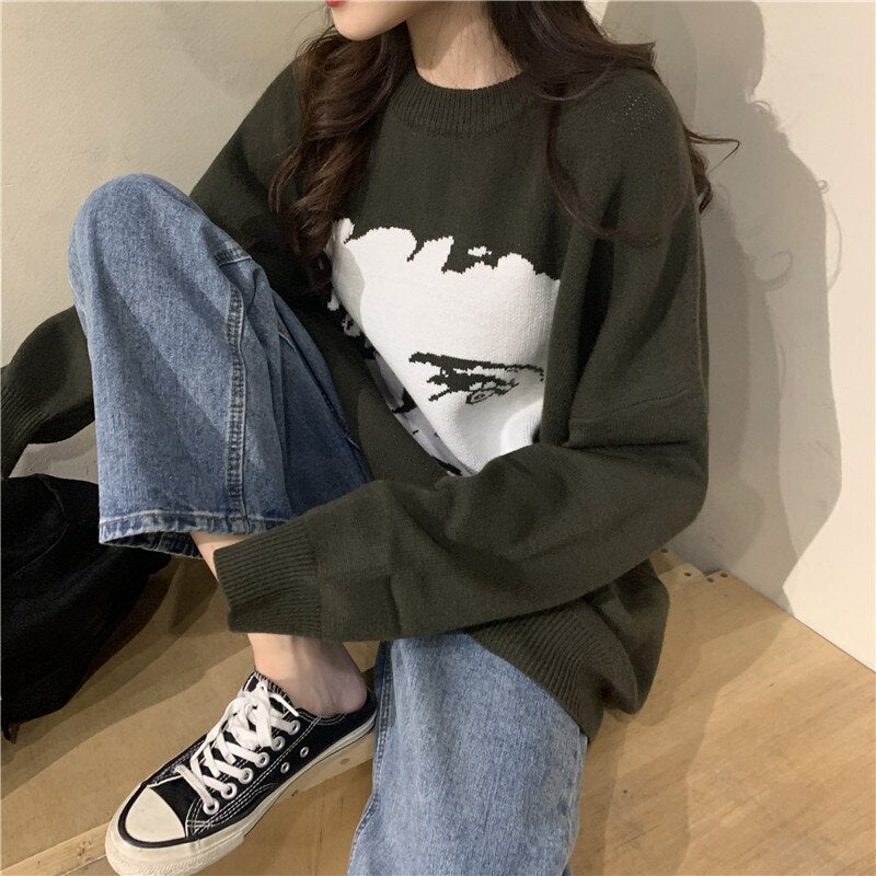 Korobov Oversize Long Sleeve O-Neck Sweaters Korean Cartoon Character Sueter Mujer Streetwear Women Harajuku Pullovers 79292