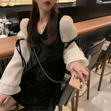 Billlnai 2023 Vintage Mini Dress Lolita Women  Autumn Lace Bow Velvet Evening Party Dress Female Y2k Casual Kawaii One Piece Dress Korean