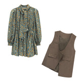 short floral print pleated blouse dress long sleeve bowknot retro short dresses for women and OL work wear blazer vest