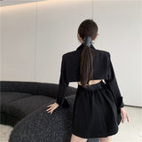 Billlnai Fashion Waist Hollow Suit Dress Women New Autumn V-Neck Mini Black Long Sleeve Dresses Office Ladies