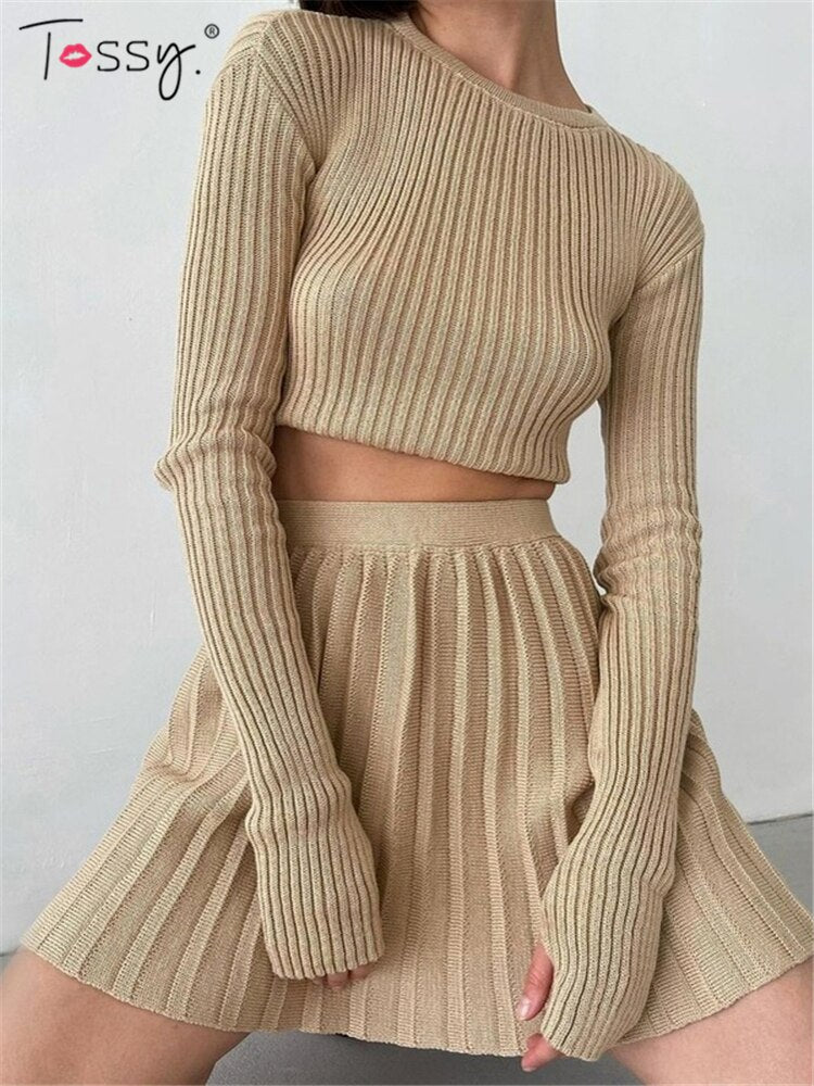Tossy Knit Two Piece Sets Mini Pleated Skirt Suits Long Sleeve Cropped Sweater Top For Women 2023 Casual Outfits Matching Sets
