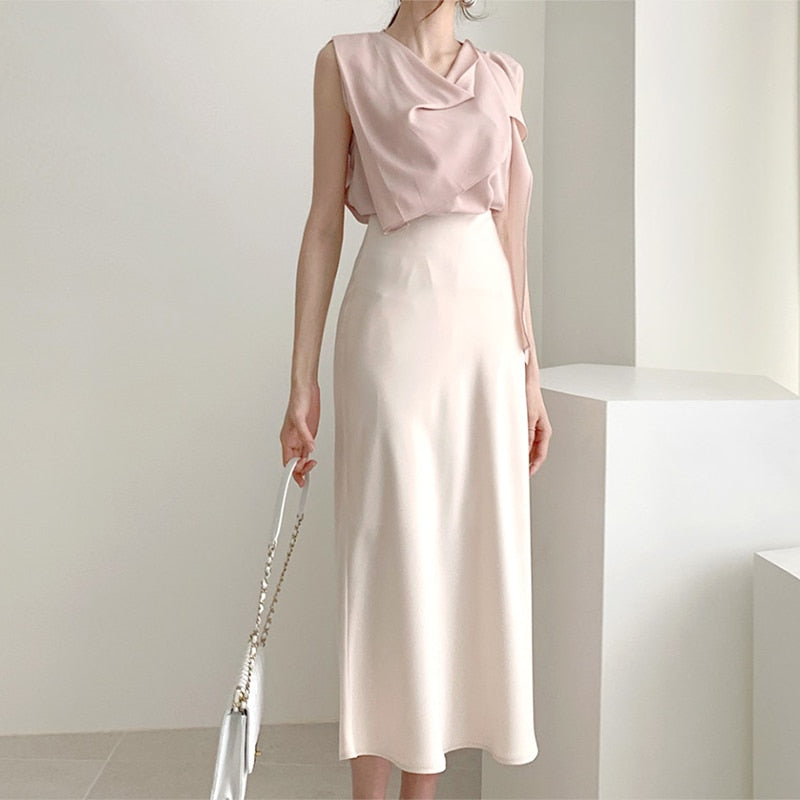 Elegant High Waist Satin Skirt Women Casual A-Line Midi Silk Slim Summer Autumn