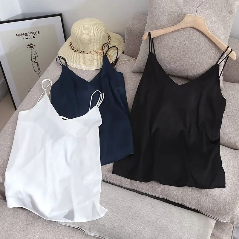 Christmas Gift Withered England Simple Fashion Office Lady Solid Camisole Women Satin Summer T Shirt Women Camisetas Verano Mujer 2023 Tops