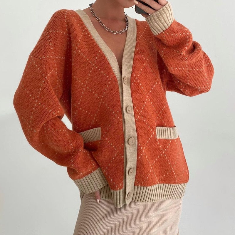 Knitted Cardigan Women Korean Fashion Retro Casual Argyle Plaid V-Neck Coat Sweater Female Ins Oversized Pocket Knit Jacket