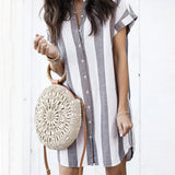 Casual Cotton And Linen Shirt Dress Ladies Short Sleeve Stand Collar Summer 2023 New Fashion Beach Style Loose Boho Mini