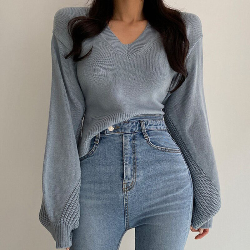 Billlnai  2023  Blue Pullover Vintage V-neck Back Tie Careful Machine Hollowing and Tying Wide Loose Lantern Sleeve Knit Sweater Women  Fall