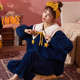 Graduation Gifts  2023 Blue Winter Thick Warm Flannel Cute Pajamas Sets for Women Sleepwear Long Sleeves Clothing Home Wear Soft Nightgown
