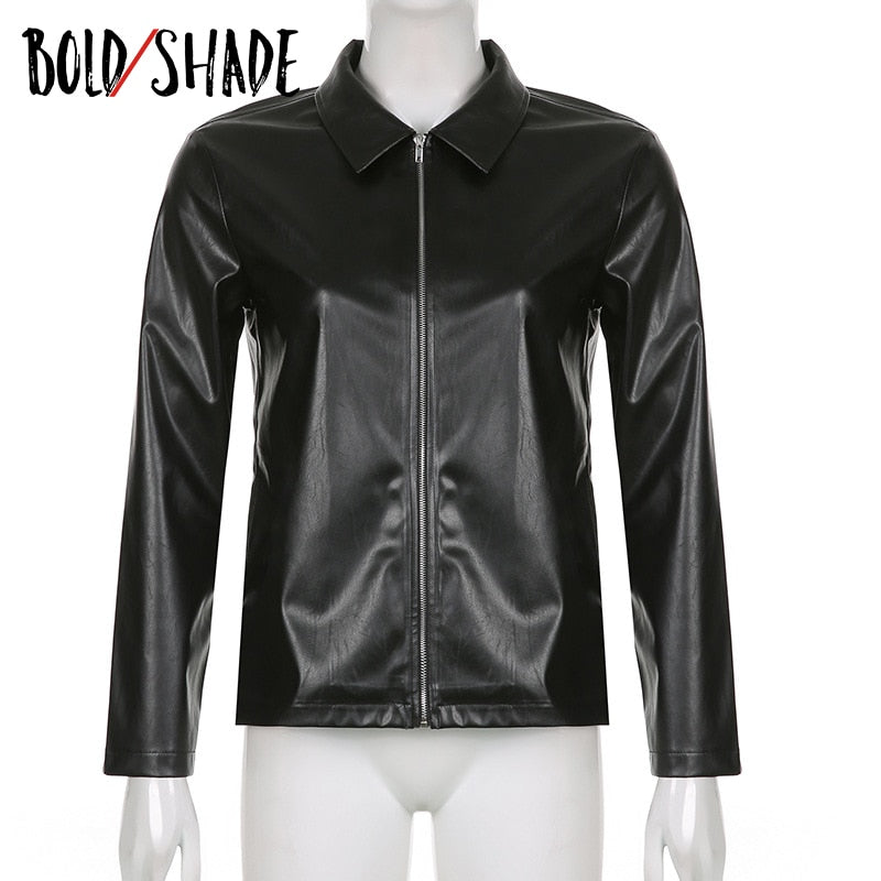 Bold Shade Streetwear Fashion Black Jackets Y2K Vintage Ovresized ZIpper Faux Leather Outerwear Turn-down Collar Indie Solid Top
