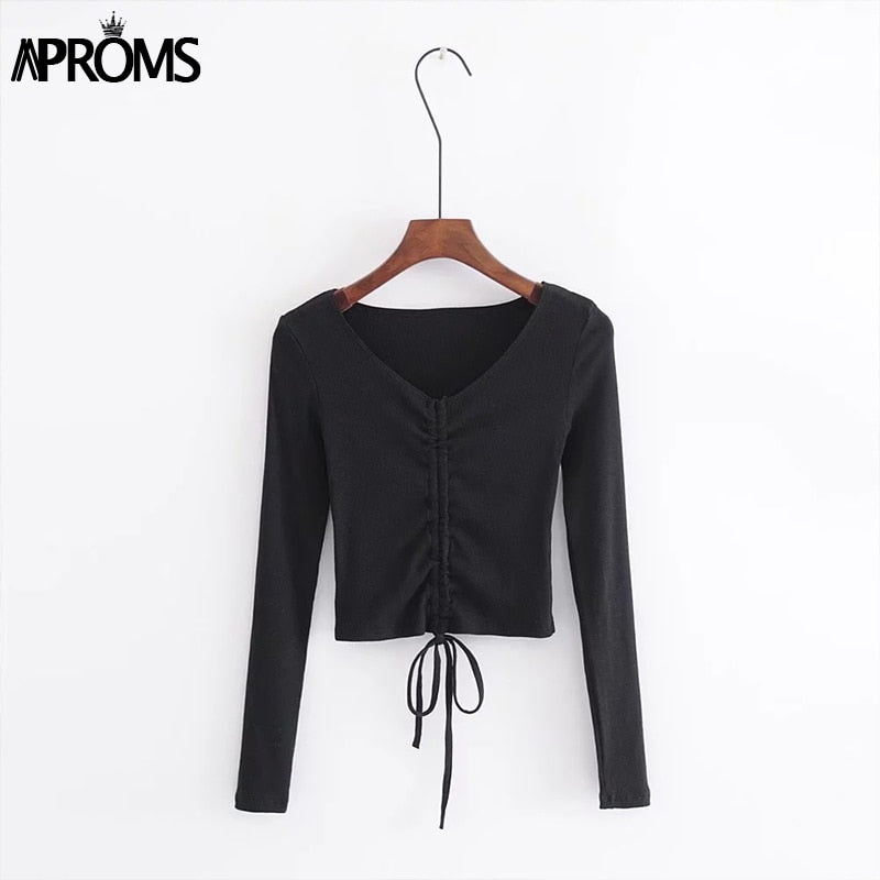 Aproms Sexy V Neck Ribbed Cropped T-shirt Women Elegant Drawstring Tie Up Ruched Tshirt Streetwear Solid Slim Crop Top 2023 New
