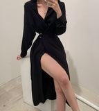 Women Single Breasted Midi Lace Up Slim Solid Shirt Dress Long Sleeve Elegant Vestidos Femme