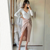 Billlnai Korean Fashion High Waist Tie a Knot Split Midi Skirts Vintage Elegant Office Ladies Skirt Women 2023 Sexy Bodycon Jupes