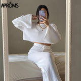 Aproms White Black Knitted Women's 2 Piece Suits Casual Flare Sleeve Cropped Top and Pants Set Female High Waist Homesuits 2023
