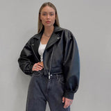 Billlnai Autumn Winter 2023 Faux Leather Cropped Jackets Coats Women Moto & Biker Puff Sleeve High Street Coat Lady Goth Outwear