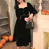 Billlnai  2023 Winter Vintage Black Velvet Dress Women Casual Elegant Long Sleeve Gothic Party Midi Dress Female  One-piece Dress Korean