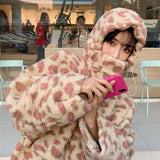 Korean style loose fall/winter leopard lamb wool faux sheepskin coat hooded parkas