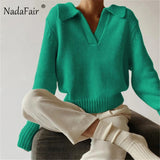 Christmas Gift Nadafair Turn-down Collar Casual Knitted Pullovers Women Green 2023Tops Autumn Winter Clothing Long Sleeve Slim Sweater Jumper