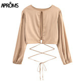Aproms Soft Satin Backless Bow Tie T-shirt Female 2023 Summer Fashion Long Sleeve Slim Tshirt Basic Crop Top for Women Clothing