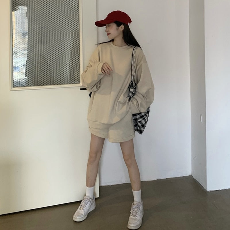 Autumn Casual Solid Outfits Women's Two Piece Set Full Sleeve Swearshirt+Shorts Tracksuits Fashion Leisure Sports Suit