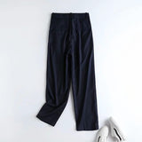 Christmas Gift Withered england simple fashion navy pleated casual ankle suit pants women pantalones mujer pantalon femme trousers women sets