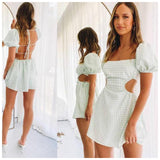 2023 French Summer Sexy Backless Mini Dress Women Square Collar Lace-Up Hollow Out Puff Sleeve A-Line Dress Femme Robe XXL Mujer