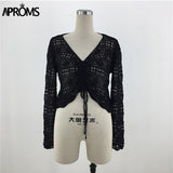 Aproms White Lace Knitted Ruched T-shirt Women Summer Casual V-neck Hollow out Tshirt Female Bikini Beachwear Top Black Tee 2023