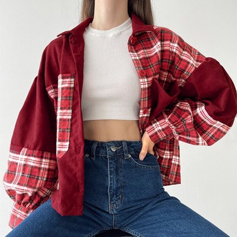 Fairy Grunge Vintage Argyle Plaid Shirts Women Single Breasted E Girl Aesthetic Long Sleeve Autumn Tops And Blouses New