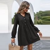 Autumn 2023 Women's Clothing New Pure Color Elastic Waist Pullover Cotton Wood Ear Collar V-Neck Bubble Long Sleeves Dress Woman