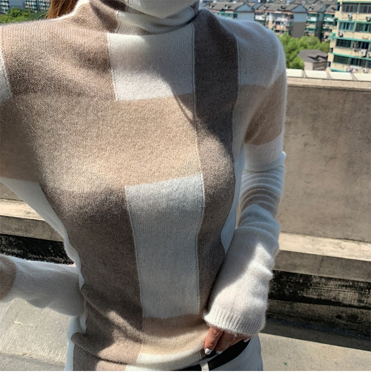 New Cashmere Sweater Women's High-Neck Color Matching 100% Pure Wool Pullover Fashion Plus Size Warm Knitted Bottoming Shir