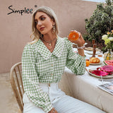 Billlnai 2023 Graduation party  Women's Plaid Shirts Casual V-neck Office Lady Elegant Long Sleeve Blouses Single-Breasted Puff Sleeves Basic Tunic Tops
