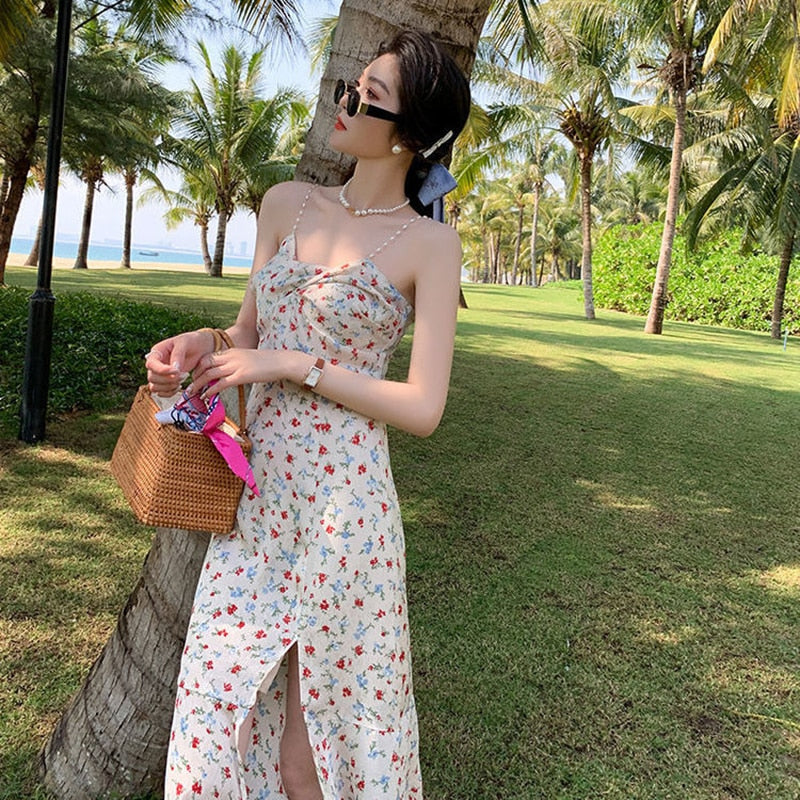 Billlnai French Floral Pearl Dress Women 2023 New Summer Slit Camisole Dresses Vintage Sexy Sleeveless Vacation Dress Female