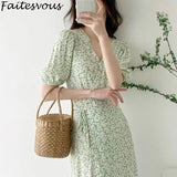 Billlnai Chiffon Dress Women French Floral Puff Sleeve V-Neck Long Dress 2023 New Korean Loose Green Dresses Female