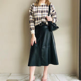 Billlnai 2023 New Autumn Winter PU-leather mi-long Skirt with Belt High Waist Vintage A-line Skirt Chic Mid-calf Umbrella Skirts