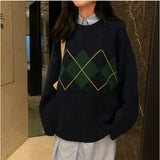 Women Knitted Sweater Fashion Oversized Pullovers Ladies Fall Winter Loose Jumpers Korean College Style Women Argyle Sweater