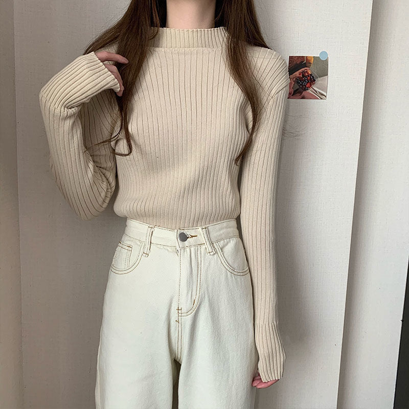 Winter Solid Plus Velvet Sweater Women Half High Neck Long Sleeve Thick Pullover Pit Strip Knit Korean Style Simple New Tops