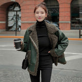 Korean Lamb Fur PU Leather Stitching Loose Short Thick Jacket Female Warm Parkas Suit Collar Black Women's Winter Sheepskin Coat