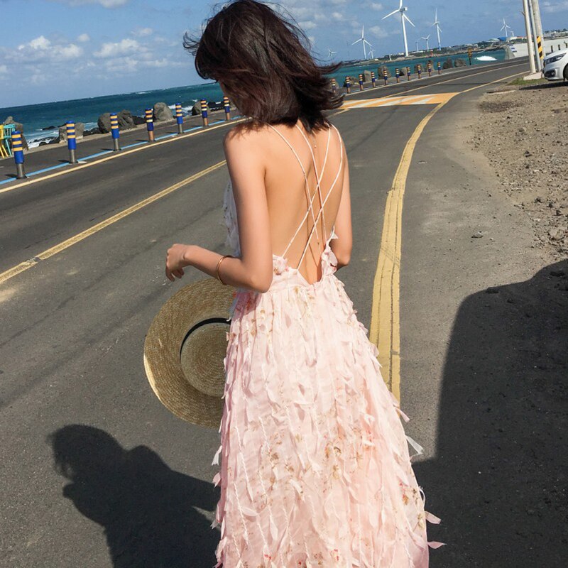 Billlnai  2023 Women Pink Sundress Summer Tropical Vacation Sleeveless Backless Long Party Fairy Dress Casual Beach Straps Dress Runway